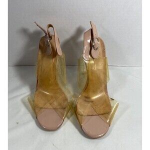 Qupid Womens 8 Nude Clear Strap Block Heel Sandals Pink Vinyl